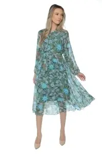 Rochie dama midi 953, vaporoasa, cu imprimeu discret, maneci lungi și cordon în talie, Verde-Albastru - Img 3