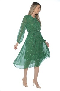 Rochie dama midi 953, vaporoasa, cu imprimeu discret, maneci lungi și cordon în talie, Verde - Img 3
