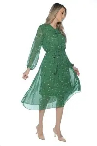 Rochie dama midi 953, vaporoasa, cu imprimeu discret, maneci lungi și cordon în talie, Verde - Img 3