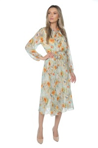 Rochie dama midi 953, vaporoasa, cu imprimeu discret, maneci lungi și cordon în talie, Crem-Portocaliu - Img 3