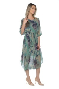 Rochie dama midi 980-B, vaporoasa, cu imprimeu floral, cordon in talie și maneci lejere, Verde-Mov - Img 3