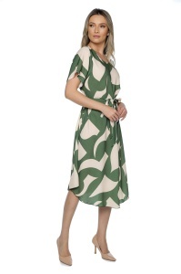 Rochie dama midi 980, imprimeu abstract, maneci scurte, cordon in talie, Kaki-Crem - Img 5