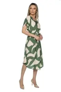 Rochie dama midi 980, imprimeu abstract, maneci scurte, cordon in talie, Kaki-Crem - Img 5
