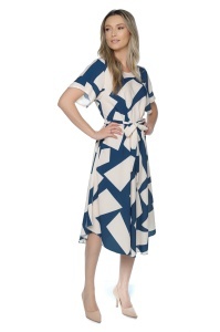 Rochie dama midi 980, imprimeu abstract, maneci scurte, cordon in talie, Albastru-Crem - Img 6