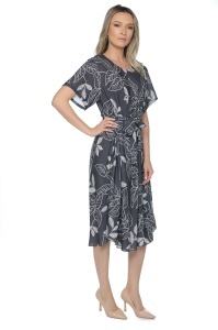 Rochie dama midi 980, imprimeu floral, maneci scurte, cordon in talie, Negru-Ivoire - Img 3