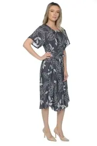 Rochie dama midi 980, imprimeu floral, maneci scurte, cordon in talie, Negru-Ivoire - Img 3