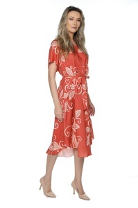 Rochie dama midi 980, imprimeu floral, maneci scurte, cordon in talie, Caramiziu-Crem - Img 6