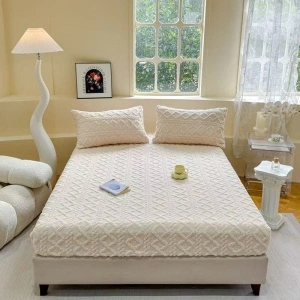 Set Husă de Pat Cocolino cu Elastic, 180x200 cm + 2 Fețe Pernă 50x75 cm, Culoarea Crem, Textură în Relief