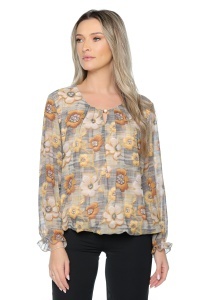 Bluza dama cu imprimeu 924, mâneci lungi vaporoase, Galben-Bej - Img 4