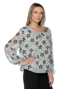 Bluza dama cu imprimeu 924, mâneci lungi vaporoase, Gri-Negru - Img 3
