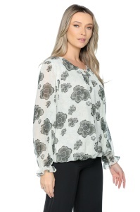 Bluza dama cu imprimeu 924, mâneci lungi vaporoase, Ivoire-Kaki - Img 4