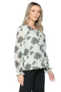 Bluza dama cu imprimeu 924, mâneci lungi vaporoase, Ivoire-Kaki - Img 4