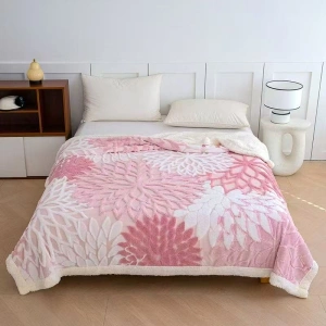 Patura Cocolino Dubla cu Blanita, Model Floral, 200 x230 cm, Roz
