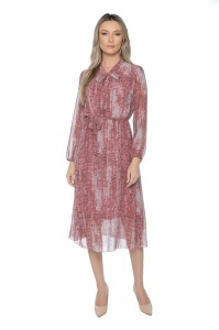 Rochie dama midi 953, vaporoasa, cu imprimeu discret, maneci lungi și cordon în talie, Rosu-Roz