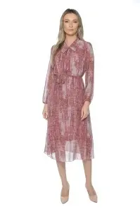 Rochie dama midi 953, vaporoasa, cu imprimeu discret, maneci lungi și cordon în talie, Rosu-Roz