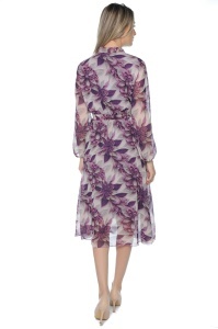 Rochie dama midi 953, vaporoasa, cu imprimeu discret, maneci lungi și cordon în talie, Mov-Gri - Img 5