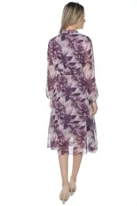 Rochie dama midi 953, vaporoasa, cu imprimeu discret, maneci lungi și cordon în talie, Mov-Gri - Img 5