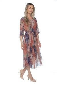 Rochie dama midi 980-B, vaporoasa, cu imprimeu floral, cordon in talie și maneci lejere, Mov-Roz - Img 3