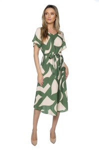 Rochie dama midi 980, imprimeu abstract, maneci scurte, cordon in talie, Kaki-Crem - Img 2