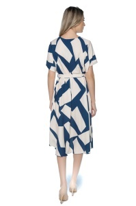 Rochie dama midi 980, imprimeu abstract, maneci scurte, cordon in talie, Albastru-Crem - Img 3