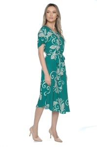 Rochie dama midi 980, imprimeu floral, maneci scurte, cordon in talie, Verde-Crem - Img 5