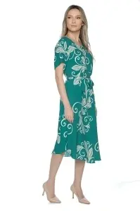 Rochie dama midi 980, imprimeu floral, maneci scurte, cordon in talie, Verde-Crem - Img 5