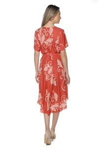Rochie dama midi 980, imprimeu floral, maneci scurte, cordon in talie, Caramiziu-Crem - Img 3