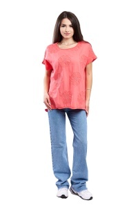 Tricou dama cu imprimeu floral 1055, Coral, Marime Universala