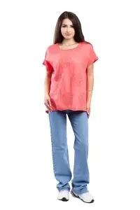 Tricou dama cu imprimeu floral 1055, Coral, Marime Universala