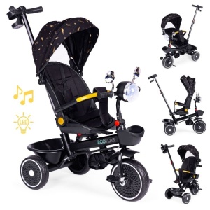Tricikl za decu sa rotirajućim sedištem, gurajućim rukohvatom i tendom black, ECOTOYS