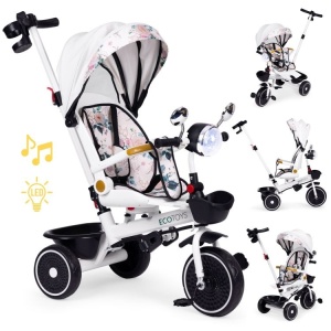 Tricikl za decu sa rotirajućim sedištem, gurajućim rukohvatom i tendom white, ECOTOYS