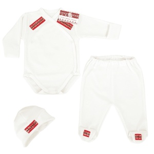 Compleu național, body pieptar + pantalon cu botoșel + căciuliță (Bumbac 100%, gros)crem
