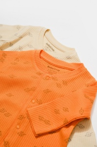 Set 2 salopete lungi Printed, BabyCosy, 50% modal+50% bumbac, Stone/Apricot (Marime: 3-6 Luni) - Img 3