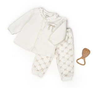 Set bluză și pantalon, Bow, BabyCosy, 100%bumbac organic, Stone (Marime: 12-18 Luni)