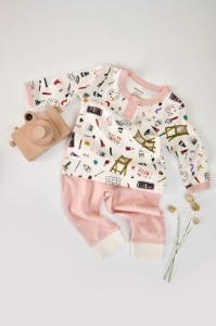 Set bluzita cu maneca lunga si nasturei si pantaloni lungi, 100% bumbac organic, BabyCosy, Pudra (Marime: 6-9 luni)