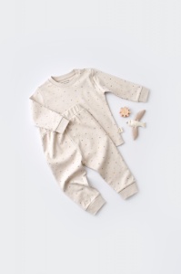 Set bluzita cu maneca lunga si pantaloni lungi - bumbac organic 100% - Crem cu buline, BabyCosy (Marime: 9-12 luni)