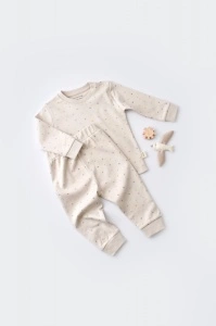 Set bluzita cu maneca lunga si pantaloni lungi - bumbac organic 100% - Crem cu buline, BabyCosy (Marime: 9-12 luni)