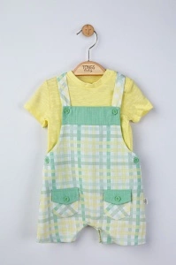 Set salopeta cu tricou in carouri pentru bebelusi, Tongs baby (Culoare: Galben, Marime: 6-9 luni)