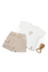 Set tricou ecru cu pantaloni scurti TeddyBear, 100% bumbac organic, BabyCosy (Marime: 3-6 Luni)