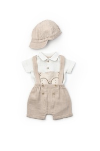 Set tricou, salopeta si sapca TeddyBear, 100% bumbac organic, BabyCosy (Marime: 18-24 Luni) - Img 2