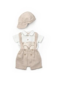 Set tricou, salopeta si sapca TeddyBear, 100% bumbac organic, BabyCosy (Marime: 18-24 Luni) - Img 2