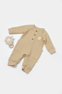 Salopeta cu nasturei, Winter muselin, 100% bumbac - Apricot, BabyCosy (Marime: 9-12 luni) - Img 1