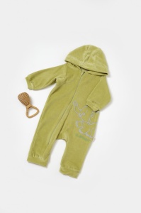 Salopeta Elefant cu maneca lunga si gluga din 80%bumbac organic si 20% poliester - Verde, BabyCosy (Marime: 18-24 Luni) - Img 1