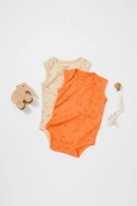 Set 2 body-uri fara maneci Printed, BabyCosy, 50% modal+50% bumbac, Stone/Apricot (Marime: 0-3 Luni) - Img 2