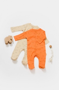 Set 2 salopete lungi Printed, BabyCosy, 50% modal+50% bumbac, Stone/Apricot (Marime: 0-3 Luni) - Img 2