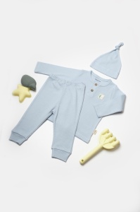 Set 3 piese:bluza, pantaloni si caciulita Bamboo, bleu, BabyCosy, 50% bumbac+50%bambus (Marime: 3-6 Luni)