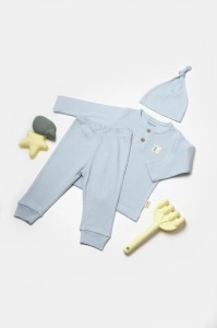 Set 3 piese:bluza, pantaloni si caciulita Bamboo, bleu, BabyCosy, 50% bumbac+50%bambus (Marime: 3-6 Luni)