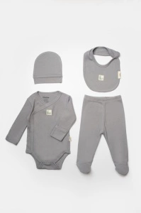 Set 4 piese:body, pantaloni, baveta si caciulita Bamboo, gri, BabyCosy, 50% bumbac+50%bambus (Marime: 0-3 Luni) - Img 2
