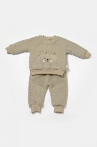 Set bluza cu buzunar si pantaloni Ursulet, Winter muselin, 100% bumbac dublat - Verde, BabyCosy (Marime: 3-6 Luni) - Img 2