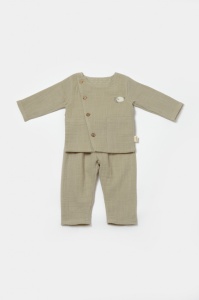 Set bluza cu nasturi si pantaloni , Winter muselin, 100% bumbac - Verde, BabyCosy (Marime: 18-24 Luni) - Img 2
